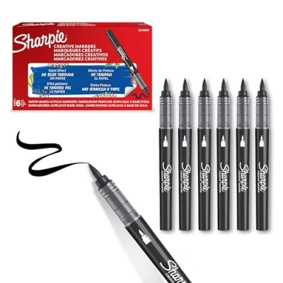 Imagen de SHARPIE Rotuladores acrílicos creativos al agua con punta de pincel Tinta sin borrones Escribe en la mayoría superficies Material escolar Negro 6 Piezas