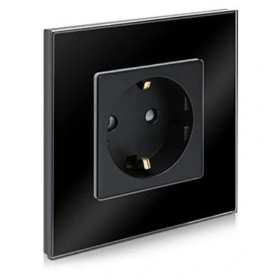 Imagen de Navaris Enchufe con marco de cristal Schuko tipo F para empotrar Placa vidrio empotrable en pared diseño elegante Negro