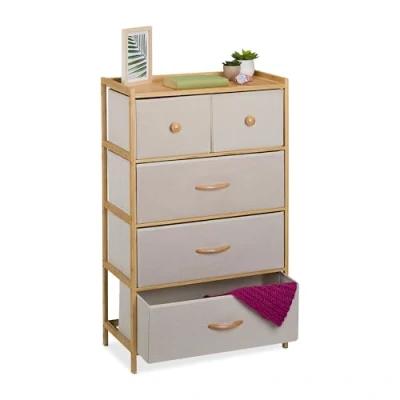 Imagen de Relaxdays Cómoda de Bambú, 5 Cajones Tela, Cajonera Pasillo, Aparador Dormitorio, 94x58x32,5 cm, Natural y Beige, Tablero Fibras