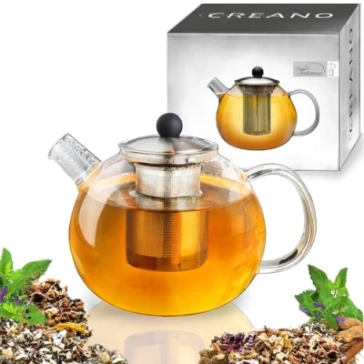 Imagen de Creano Tetera con colador de cristal 1,6 l y tapa acero inoxidable Ideal para preparar té suelto sin goteo