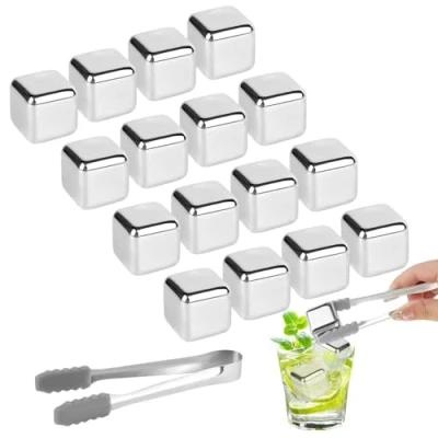 Imagen de VFANDV 18 Piezas Cubitos Hielo Reutilizable, de Acero Inoxidable, 304 Inoxidable Piedras Whisky y Pinzas, Whiskey Ice Cube Stone para Cócteles, Whisky, Vino, Puré Frutas