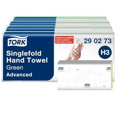Imagen de Tork de papel plegadas universales Green, H3 para dispensadores un solo pliegue Económicas, 1 capa, verdes 20 x 200 hojas, 290273