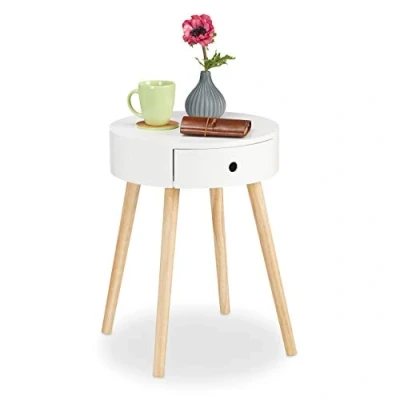 Imagen de Relaxdays Mesa Auxiliar Redonda con Cajón, Madera DM, Blanco, 52 x 40 cm, Tablero de Fibras