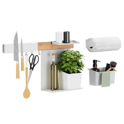 Imagen de tesa Set Organizador de Cocina EG Riel Autoadhesivo, Maceta para Hierbas, 2 Repisas, Recipiente Fregadero, Portacuchillos, Portarrollos, Barra 3 Ganchos Montaje sin Taladrar Bambú/Blanco