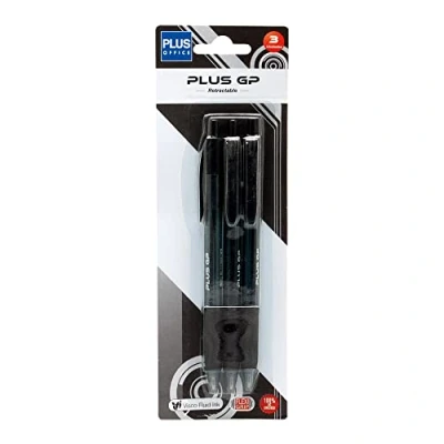 Imagen de Plus Office Bolígrafos GP Pack de 3 Retráctil, Tinta ultra Suave, Óptimo para uso oficina, casa y escolar, Color Negro Trazo 0,7 mm (3 Negros)