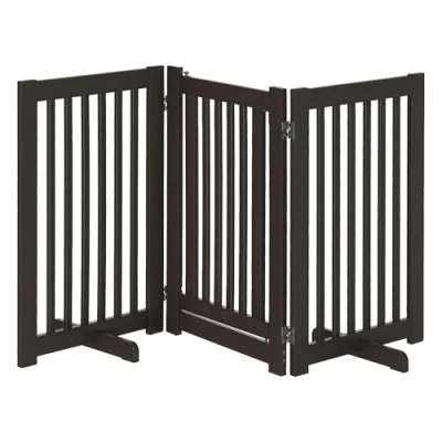 Imagen de PawHut Barrera para Perros de Madera Valla Mascotas Plegable 3 Paneles con 1 Puerta y Patas Apoyo Pasillo Escalera 155x35,5x76 cm Café