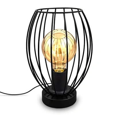 Imagen de B.K.Licht I Lámpara de mesa alambre E27 Interruptor cable vintage 1 quemador con pantalla metálica Altura 25,6 cm Negro sin bombilla