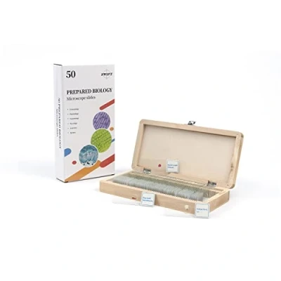 Imagen de SWIFT Set De 50 Diapositivas para Microscopio Preparadas la Educación Básica en Ciencia Biológica con Funda Madera