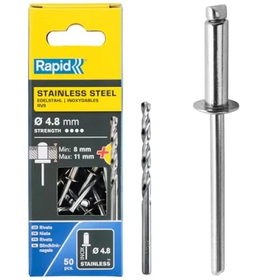 Imagen de Rapid Remaches de Acero Inoxidable Gran Resistencia, Ø4.8 x 14 mm para Placas Matrícula, Guardabarros, Recubrimientos Metálicos y Chapa Incluye Taladro 50 Piezas (5001461)