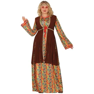 Imagen de FIESTAS GUIRCA Disfraz de Hippie Floral Mujer Vestido Largo Años 70 Flowe Power 60 para Talla XL 46 48