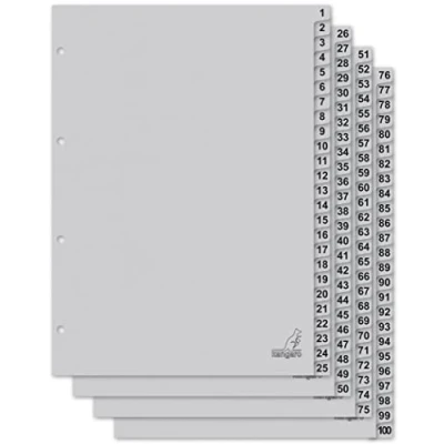 Imagen de Kangaro Separadores de cartón DIN A4, números del 1 al 100, 180 g/m², reciclado, FSC gris, 100 piezas