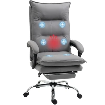 Imagen de Vinsetto Silla de Masaje con 6 Puntos y 5 Modos Escritorio Reclinable Función Calefacción Altura Ajustable Reposapiés Ruedas para Estudio 66x74x114 121,5 cm Gris