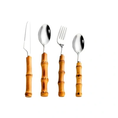 Imagen de EME Set de Cubiertos Bambu Natural 24 piezas Acero Inoxidable. Incluye: 6 Cuchillo mesa, Cuchara Tenedor mesa y café postre.