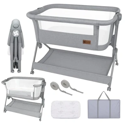 Imagen de Twinly Cuna Colecho bebé Minicuna Viaje portátil, fácil Plegado Compacto Altura Ajustable 5 Posiciones, Nacimiento 0+ hasta 6 Meses Comfortly Bolsa Transporte, colchón, Cesta, sin Montaje (Gris)