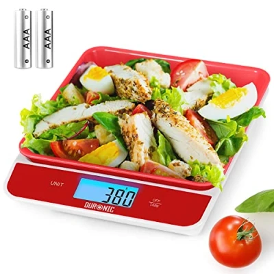 Imagen de DURONIC KS100 RD Báscula cocina de alta precisión digital Máx 5 kg y Bandeja 1.2L Función tara Pilas incluidas Pantalla LCD retroiluminada grande Balanza Pesa Alimentos Líquidos Joyas Rosa
