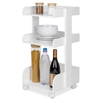 Imagen de bomoe Carro de Cocina con 4 Ruedas bloqueables y 3 estantes Bosse Madera FSC® para Servir Manualidades Mesa Mueble Auxiliar 32x35x69cm Blanco