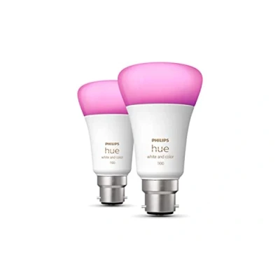 Imagen de Philips Hue Paquete de 2 bombillas LED inteligentes color blanco y ambiente [Bayonet Cap B22] 1100 lúmenes (equivalente a 75 W) Funciona con Alexa, Asistente Google, Apple Homekit.