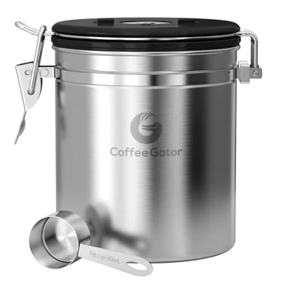 Imagen de Coffee Gator Lata para café hermética 0,9 L Depósito de granos acero inoxidable Con válvula CO2 y indicador fecha en la tapa Vela aromática cuchara medidora