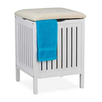 Imagen de Relaxdays Banco Baño con Asiento, Taburete para Colada, Estilo Rústico, 40 L, Cesto Ropa Sucia, 55 x 41 cm, Blanco