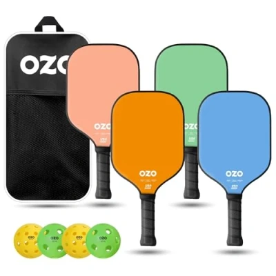 Imagen de OZO Pickleball Set de 4 Raquetas, Bolas y Bolsa Spark Fusion Essence (para Principiantes, Híbrida, Superficie Grafito) + Esteriores e Interiores) Aprobadas por la USAPA