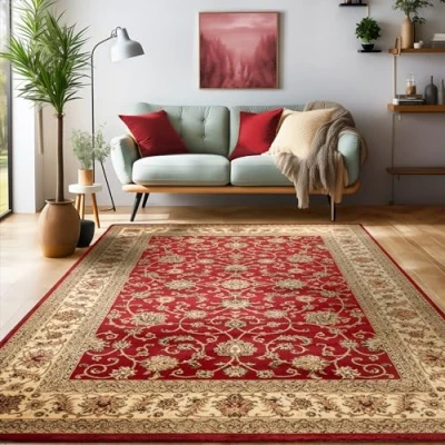 Imagen de SIMPEX Alfombras de Pelo Corto, diseño Oriental, Alfombra Rojo, 120 x 170 cm, Estilo Sala Estar