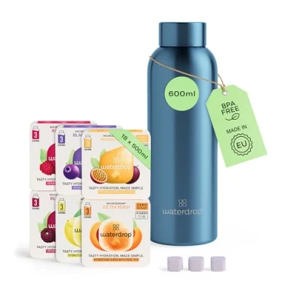 Imagen de waterdrop® Starter Set Steel con 1 botella de acero + 18 microbebidas para disolver en 6 variedades afrutadas, paquete degustación inoxidable 600 ml
