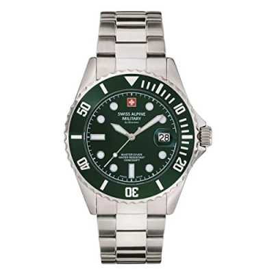 Imagen de Swiss Alpine Military Master Diver 7053.1 Reloj analógico de cuarzo para hombre, acero inoxidable, Acero/Verde/Verde 1134sam, Pulsera