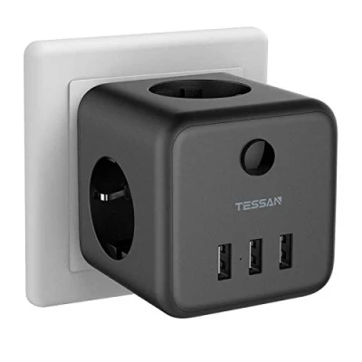 Imagen de TESSAN Ladron Enchufes Negro, Cubo con USB, 6 en 1 Enchufe Triple Pared 3 Multiple Interruptor, Ladrones Modernos Para Phone, Pad, Hogar y Oficina