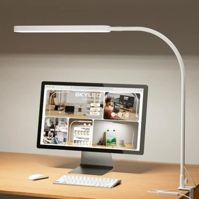 Imagen de SKYLEO Lampara Escritorio LED 85cm Flexo 5 Modos X 11 Brillo 1300LM Temporizador y Función de Memoria 12W Pinza Blanco