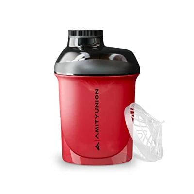 Imagen de Protein Shaker Shake Deluxe 400 ml Nano batidor de proteínas a prueba fugas, sin BPA con tamiz y escala para batidos cremosos proteína suero leche en polvo rojo negro