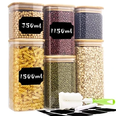 Imagen de Withosent Juego de 6 tarros cristal 750 ml/1150 ml/1500 ml con tapa, rectangulares, grandes recipientes tapa madera, almacenamiento cocina para pasta, cereales,