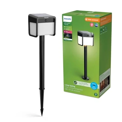 Imagen de Philips Ezra Pedestal para exterior solar con sensor de movimiento UltraEficiente, 3000K, 250/25lm, Negro