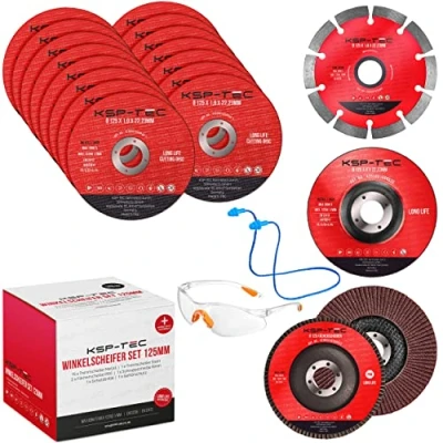 Imagen de KSP Tec® │15 discos de corte 125 x 1,0 mm [con gafas protección y auditiva] 2 compartimiento, 1 disco flexible piedra para acero, acero inoxidable