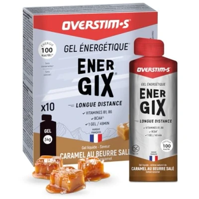 Imagen de OVERSTIM.s Gel Energix (x10) energético para deporte (ciclismo, correr) Energía de larga duración (Glucosa + Fructosa Maltodextrina) BCAA 100 kcal/Gel Caramelo Mantequilla Salada