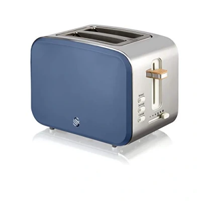 Imagen de Swan Nordic Tostadora Pan ranura ancha 2 rebanadas, 3 funciones, 6 niveles de tostado, diseño moderno acero inoxidable, tirador efecto madera, azul mate