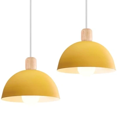 Imagen de iDEGU 2 Piezas Lámparas de Techo Moderna, 20CM LED Lámpara Colgante en Hierro y Madera Estilo Escandinavo Iluminación E27 Retro Luz Interior para Dormitorio Comedor Sala Estar (# Amarillo)