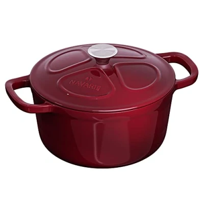 Imagen de Navaris Cacerola de hierro fundido con tapa Cazuela 2 asas para cocinar en horno plancha Olla cocotte redonda 20 cm Marmita 2,5 l Granate