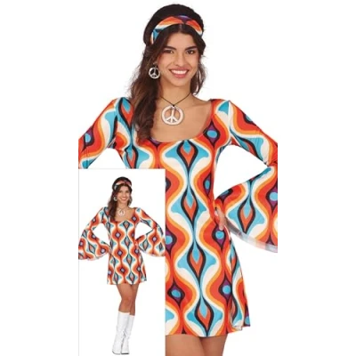 Imagen de FIESTAS GUIRCA Groovy Disfraz Hippie Mujer Vestido Corto Años 70 con Diadema Disfraces Disco 60 para Talla L