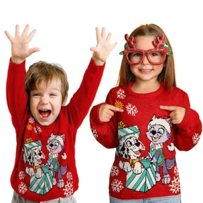 Imagen de United Labels Jersey de la Patrulla Canina Marshall y Everest, color rojo, suéter Navidad para niños, punto invierno niños niñas, 98 104