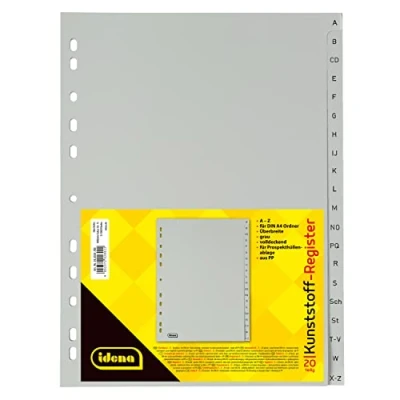 Imagen de Idena 302028 Índices A Z, para DIN A4, con anchura extra, de plástico, 20 piezas, cobertura total, gris, 1 ud.