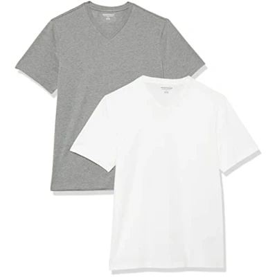 Imagen de Amazon Essentials Camisetas de Cuello en v Manga Corta Hombre, Pack 2, Blanco/Gris Oscuro Mezcla, M