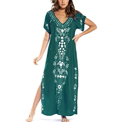Imagen de YouKD Vestido Floral Bordado Kaftan de algodón Bohemio Beach Bikini Cover Up Robe Camisón Talla Grande para Mujer