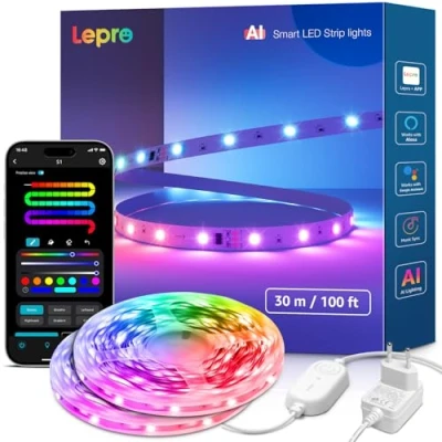 Imagen de Lepro S1 AI Tira LED 30M, Iluminación Generada por LLM, Luces MagicColor, Funciona con Alexa y Google Assistant, Reconocimiento, Sincronización Música, WiFi para Dormitorio, TV, Fiesta