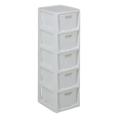 Imagen de BranQ, Home essential Estantería en diseño de ratán, plástico sin BPA, Polipropileno, Blanco, 29,5 x 24 80 cm, 5 cestas, Körben