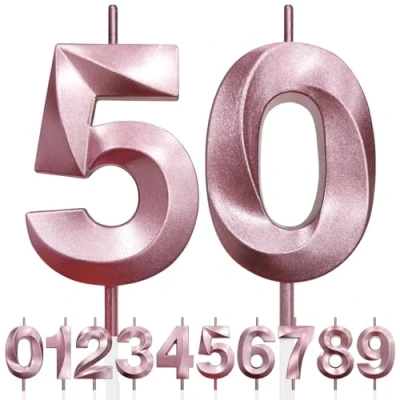 Imagen de 50th Vela de Cumpleaños con Purpurina oro rosa y Diseño 3D Número 50, Velas Números, Decoración Tarta, Tarta para Fiesta Cumpleaños, Aniversario Boda,