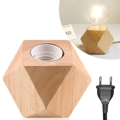 Imagen de Nizirioo lámpara de mesa madera, casquillo E27, pequeña noche con base madera diamante, enchufe europeo, perfecta para dormitorio, sala estar, oficina