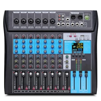 Imagen de BOMGE Consola de mesa sonido mezclador profesional, sistema escritorio 8 canales con interfaz audio USB, grabación USB B, función BT, 99 efectos DSP, 48 V Phantom Power Stereo DJ Studio FX