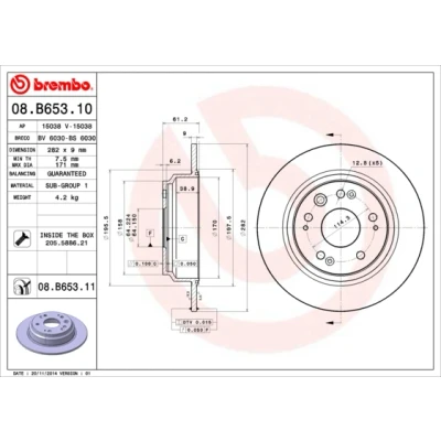 Imagen de BREMBO COATED DISC LINE 08.B653.11 Disco de freno 282 9 5 macizo revestido con tornillos HONDA: Accord 7 Tourer, Shuttle