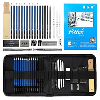 Imagen de H&amp;B Lápices de bocetos Set Kit dibujo artistas en caja cremallera con boceto, todos los accesorios diversos y arte para su pintura (33 Pieza Principiante Pack).