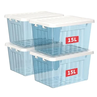 Imagen de Cetomo 15L*4 Cajas de Almacenamiento con Tapas, Contenedores Plástico Broches Enganche, Clip On, Apilables, Encajables, Organizador Rayado para Ropa Juguetes Armario, Azul Claro, 15L 4 Pack